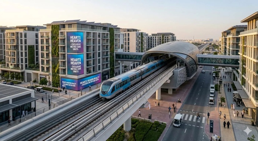 Modern apartment buildings near Dubai Metro stations