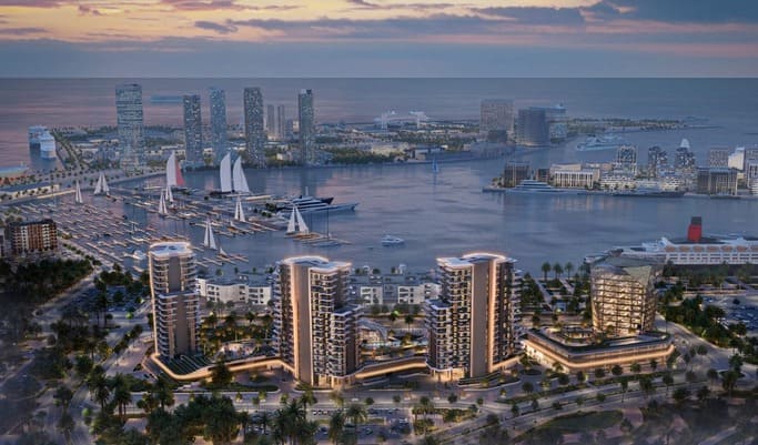 Luxury Dubai waterfront apartments overlooking the coastline and modern city skyline